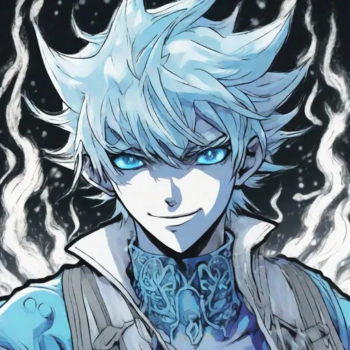 Prompt: Portrait of Shin Megami Tensei jack frost demon drawn by Kazuma Kaneko and Shigenori Soejima. Scantily clad. Childish, laughing, playful facial expression. Detailed, stylized hair with highlights or unnatural colors. Glowing eyes that convey power or otherworldly essence. Blue and Cyan color scheme. 2000s Coachella colored manga art style