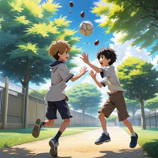 Prompt: Striking UHD artwork of an anime boy playing catching with another child after school