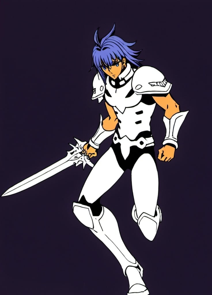 Prompt: Half body shot of Shin Megami Tensei Cu Chulainn drawn by Kazuma Kaneko and Shigenori Soejima. White armour. Detailed, stylized hair with highlights or unnatural colors. Glowing eyes that convey power or otherworldly essence. 2000s Coachella colored manga art style