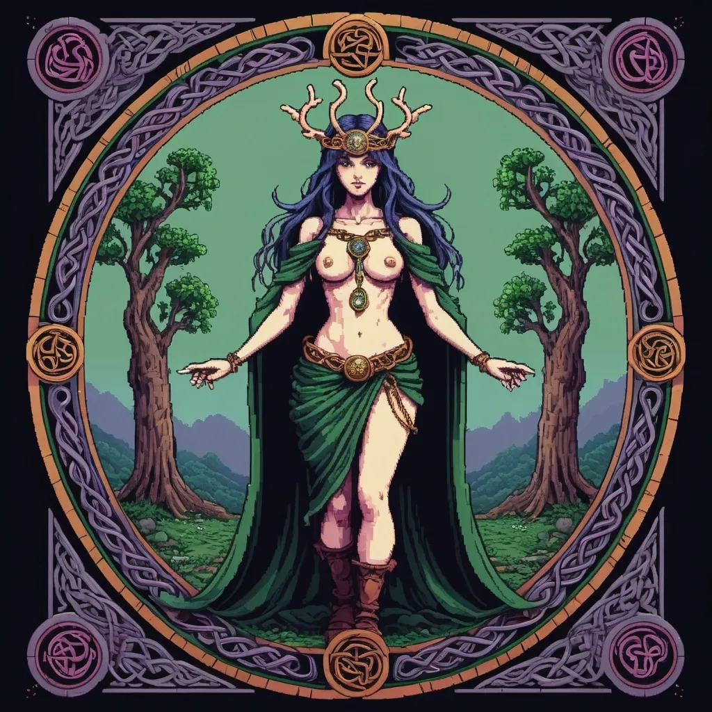 Prompt: Tarot card style. Celtic EGA pixel art from the 1990s. Drawn by pixelparmesan, LUX, ット絵 ピクシブ, Itzah, シブチャ, 無題 いの. Stanley Rosewood. Full colours, Surrealism Mysterious Weird, Fantasy. detailed masterpiece. full body shot. Bit-depth, dithering, anti-aliasing, CRT. Pompous