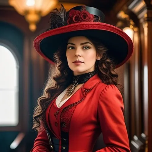 Prompt: 1st class Titanic passenger, stylish red dress and elaborate hat of the period , dark, curly styled hair, closeup, steampunk, alchemist