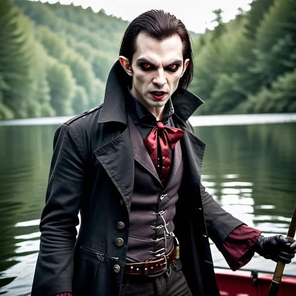 Prompt: A vampire who looks evil but is actually harmless going on a fishing trip while trying to hide from vampire hunters