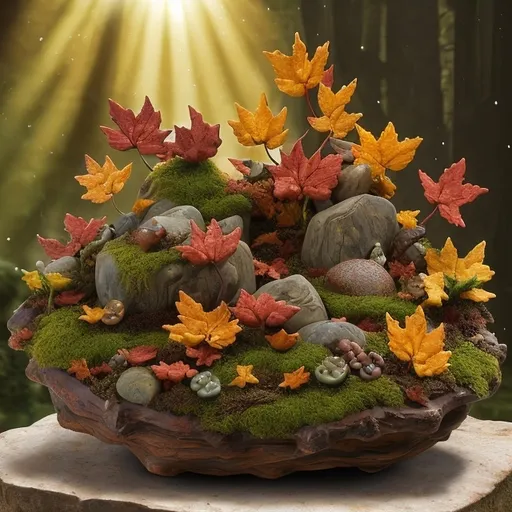 Prompt: A whimsical miniature figure composed of delicately arranged autumn leaves, poised in a carefree dance on the rim of a weathered, moss-covered terracotta pot, set against a lush, vibrant forest backdrop. Dappled sunlight filters through the canopy above, casting intricate shadows. The overall aesthetic is ethereal, with warm, earthy tones of sienna, umber, and olive green, infused with hints of emerald and golden light, evoking a sense of wonder and enchantment, as if plucked from a fantastical realm. The leaves, elongated to enhance their height, glisten with droplets of water, adding to the magical, dreamy atmosphere.