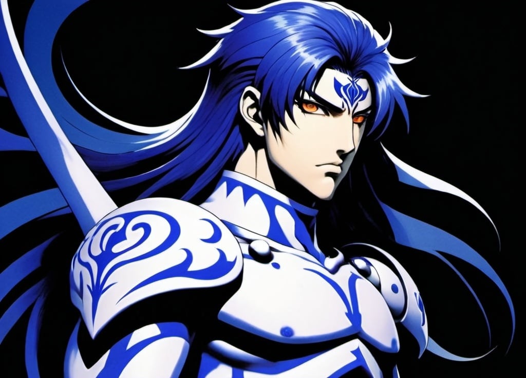 Prompt: Half body shot of Shin Megami Tensei Cu Chulainn drawn by Kazuma Kaneko and Shigenori Soejima. White armour. Detailed, stylized hair with highlights or unnatural colors. Glowing eyes that convey power or otherworldly essence. 2000s Coachella colored manga art style