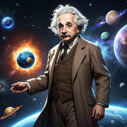 Prompt: Full-body banner art of Einstein as a playable character in valorant. He has full mastery over gravity, planets and stars. UHD, full colours, powerful, masterpiece.