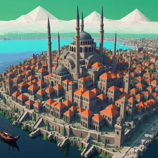 Prompt: Low poly City of Constantinople. Celtic EGA pixel art from the 1990s. UHD. Full colours, Surrealism Mysterious Weird, Fantasy. detailed masterpiece. Bit-depth, dithering, anti-aliasing, CRT.