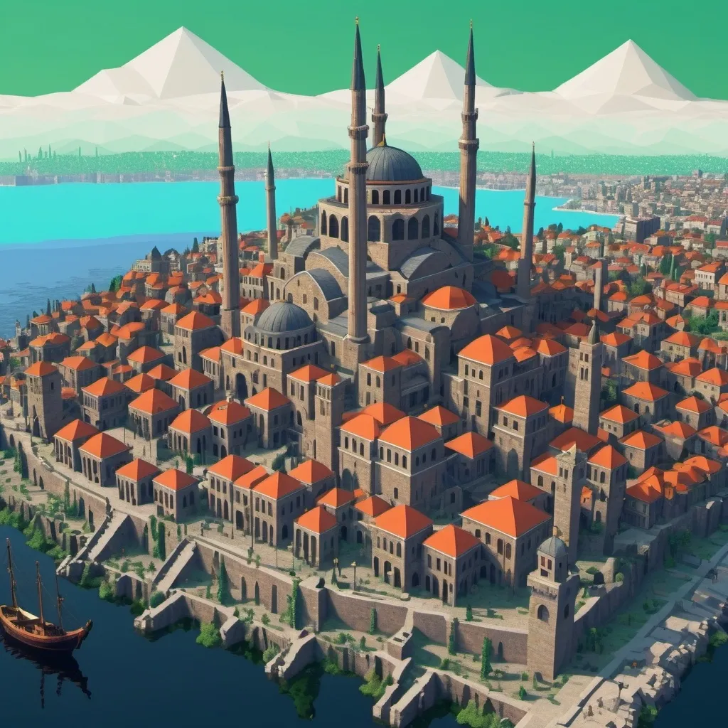 Prompt: Low poly City of Constantinople. Celtic EGA pixel art from the 1990s. UHD. Full colours, Surrealism Mysterious Weird, Fantasy. detailed masterpiece. Bit-depth, dithering, anti-aliasing, CRT.