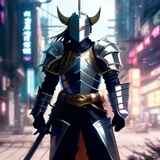 Prompt: anime by joe hisashi of a knight in steel plate armour riding on horseback who time travelled into a cyberpunk world.