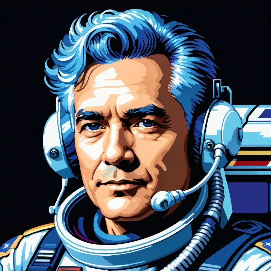 Prompt: retro digital pixelart portrait of a veteran space wing commander pilot colonel bluehair spirit angel maverick for DOS SNES with dithering shading 16-bit colour depth masks raster. pixelated, nearest neighbours resampling, posterization