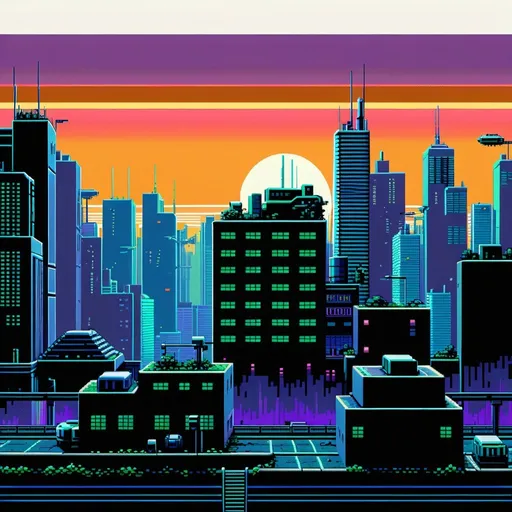 Prompt: retro digital pixelart of a dystopian city landscape for DOS SNES with dithering shading 16-bit colour depth masks raster pixiv