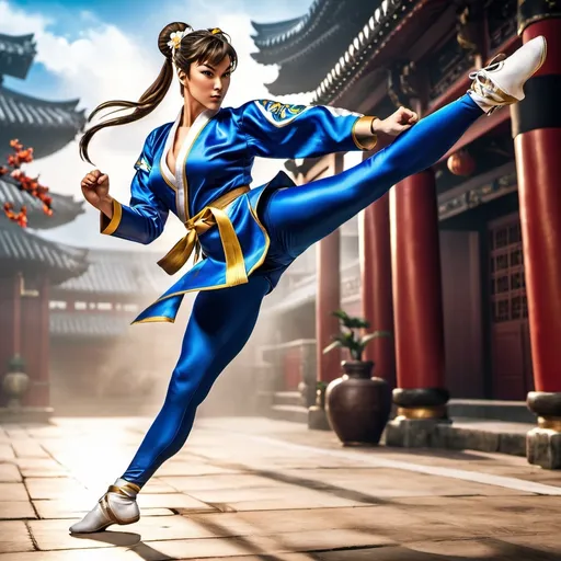 Prompt: Promotional art featuring Chun Li from Street Fighter performing a taekwondo high kick. Full body shot. Fantasy, UHD, eye-catching, flashy special effects, badass