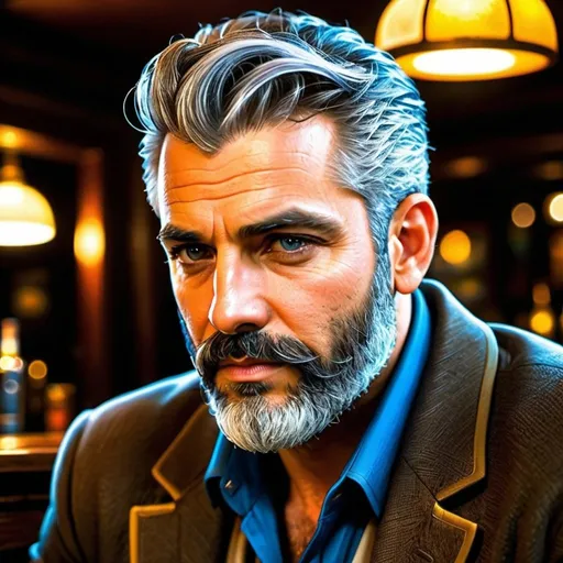 Prompt: Here's Cyrus, a grizzled bartender who's seen it all in your dystopian future:

Age: Late 40s, though years of weariness make him look older.
Personality: Cyrus is a cynical shell of his former self. The harsh realities of the dystopian world have hardened him, leaving him with a dry wit and a distrust of outsiders. He pours drinks without judgement, but listens intently, his silence a form of weary empathy.

Appearance: Cyrus has a thick beard with streaks of grey, perpetually shadowed by the low lighting of his bar. Scars etch a map across his arms, telling stories of past brawls and close calls. His eyes are a faded blue, often holding a distant, melancholic look.

Backstory: Hints of Cyrus' past are revealed in snippets of conversation. He might have been a soldier who fought in the resource wars, or a dissident who lost loved ones to the totalitarian regime. The details are shrouded in mystery, but it's clear he's haunted by his past.

Role in the Story: Cyrus' bar serves as a neutral ground, a place where weary souls from all walks of life can gather for a temporary escape. He might dispense cryptic advice or offer a listening ear to the protagonist, but his true worth lies in the bits of forgotten history or underworld secrets he shares with those who earn his trust.