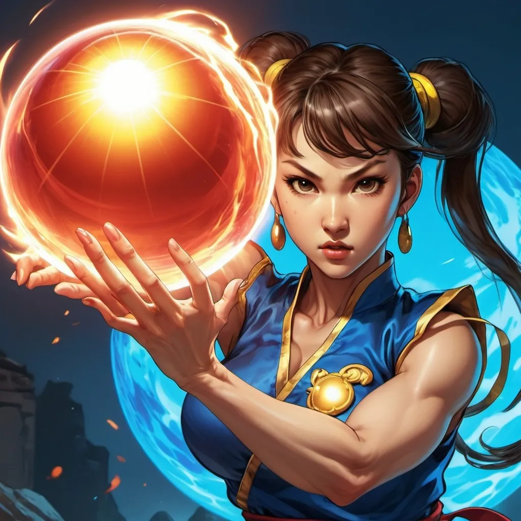 Prompt: Chun Li from Street Fighter throwing a glowing ball of energy at her opponent. Chinese Manhwa. Fantasy, UHD. Psychedelic art.