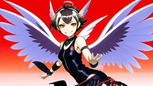 Prompt: Portrait of Shin Megami Tensei Pixie with wings by Kazuma Kaneko and Shigenori Soejima. Childish, laughing, playful facial expression. Detailed, stylized hair with highlights or unnatural colors. Glowing eyes that convey power or otherworldly essence. 2000s Coachella colored manga art style