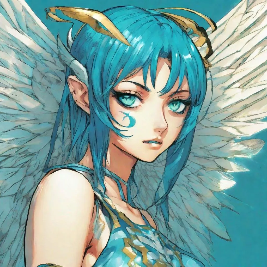 Prompt: Portrait of Shin Megami Tensei Pixie with wings by Kazuma Kaneko and Shigenori Soejima. Scantily clad, playful facial expression. Detailed, stylized hair with highlights or unnatural colors. Glowing eyes that convey power or otherworldly essence. Blue and Cyan color scheme. 2000s Coachella colored manga art style