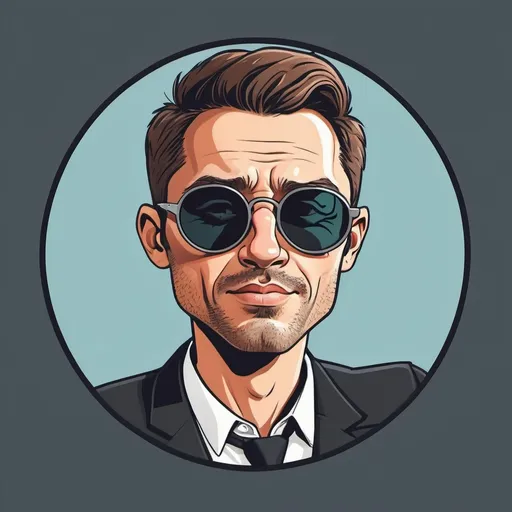 Prompt: hand-drawn character caricature of a gunslinging Jonas touting sunglasses. circular display picture. cartoonish, flat color art, simple, minimalist