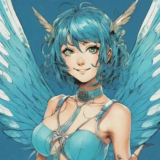 Prompt: Portrait of Shin Megami Tensei young Pixie with wings by Kazuma Kaneko and Shigenori Soejima. Scantily clad. Childish, laughing, playful facial expression. Detailed, stylized hair with highlights or unnatural colors. Glowing eyes that convey power or otherworldly essence. Blue and Cyan color scheme. 2000s Coachella colored manga art style
