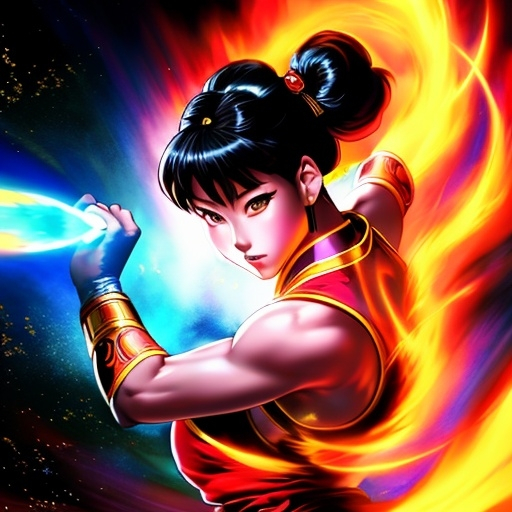 Prompt: Chun Li from Street Fighter launching a Kikoken (fireball) at her opponent. Chinese Manhwa. Fantasy, UHD. Psychedelic art.