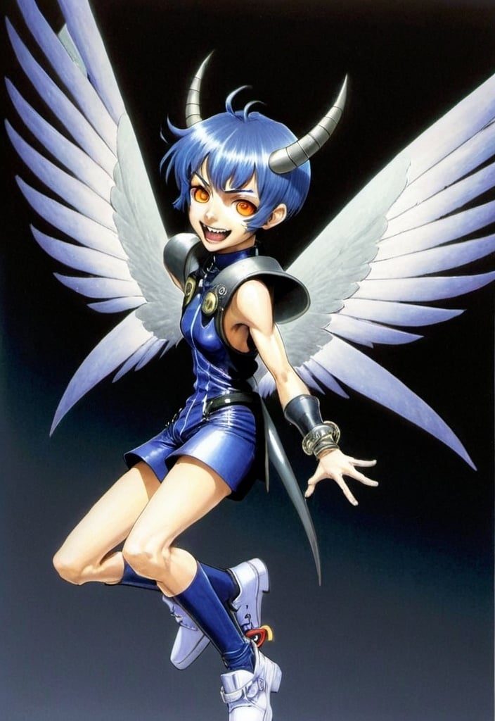 Prompt: Portrait of Shin Megami Tensei Pixie with wings. Drawn by Kazuma Kaneko and Shigenori Soejima. Childish, laughing, playful facial expression. Detailed, stylized hair with highlights or unnatural colors. Glowing eyes that convey power or otherworldly essence. 2000s Coachella colored manga art style