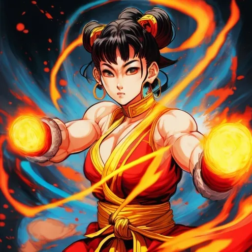 Prompt: Chun Li from Street Fighter launching a Kikoken (fireball) at her opponent. Chinese Manhwa. Fantasy, UHD. Psychedelic art.