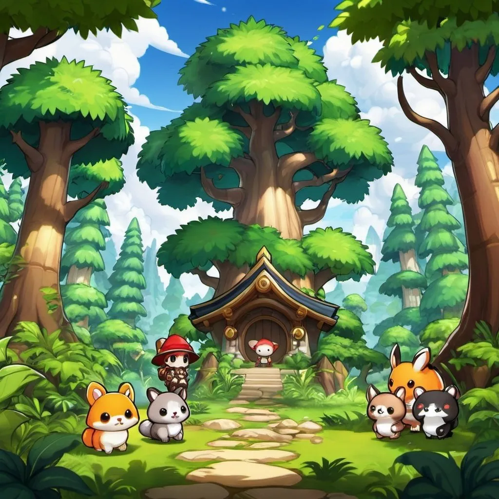 Prompt: maplestory viridian forest full of cute animals cartoon art