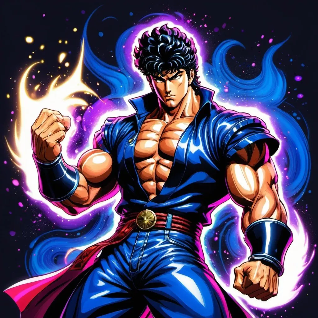 Prompt: Kenshiro from fist of the north star anime series but drawn in the artstyle of Jojo's bizarre adventures stardust crusaders colorful, flashy and strikingly fashionable fantasy shonen splash art. Kenshiro is in a fighting stance, summoning his stand (ghost-like bodies that is the embodiment of their spirit and has powers and can punch stuff)