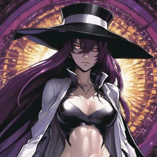 Prompt: Half body shot of Shin Megami Tensei scathach drawn by Kazuma Kaneko and Shigenori Soejima. Pale white skin, black cape, Wide black hat. Sleeveless black crop top, no pants. Detailed, stylized hair with highlights or unnatural colors. Glowing eyes that convey power or otherworldly essence. 2000s Coachella colored manga art style