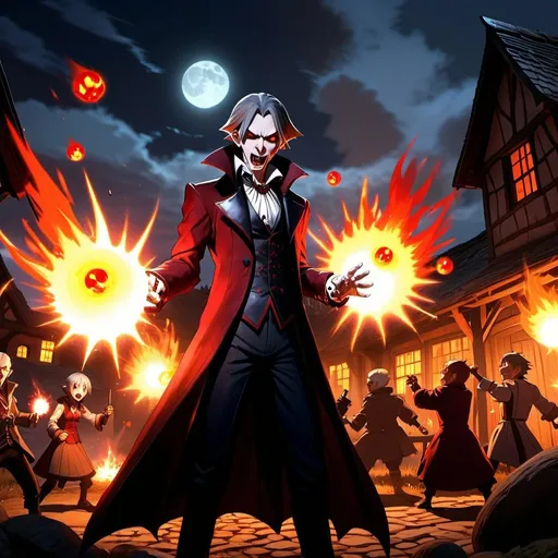 Prompt: Striking UHD splash art of an anime vampire shooting fireballs at random villagers while cackling devilishly