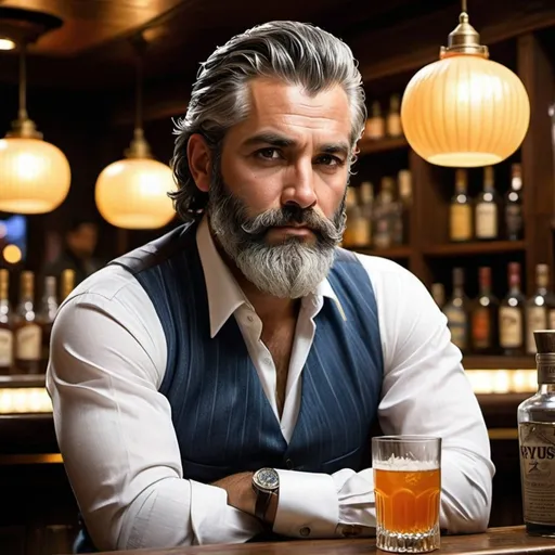 Prompt: Here's Cyrus, a grizzled bartender who's seen it all in your dystopian future:

Age: Late 40s, though years of weariness make him look older.
Personality: Cyrus is a cynical shell of his former self. The harsh realities of the dystopian world have hardened him, leaving him with a dry wit and a distrust of outsiders. He pours drinks without judgement, but listens intently, his silence a form of weary empathy.

Appearance: Cyrus has a thick beard with streaks of grey, perpetually shadowed by the low lighting of his bar. Scars etch a map across his arms, telling stories of past brawls and close calls. His eyes are a faded blue, often holding a distant, melancholic look.

Backstory: Hints of Cyrus' past are revealed in snippets of conversation. He might have been a soldier who fought in the resource wars, or a dissident who lost loved ones to the totalitarian regime. The details are shrouded in mystery, but it's clear he's haunted by his past.

Role in the Story: Cyrus' bar serves as a neutral ground, a place where weary souls from all walks of life can gather for a temporary escape. He might dispense cryptic advice or offer a listening ear to the protagonist, but his true worth lies in the bits of forgotten history or underworld secrets he shares with those who earn his trust.