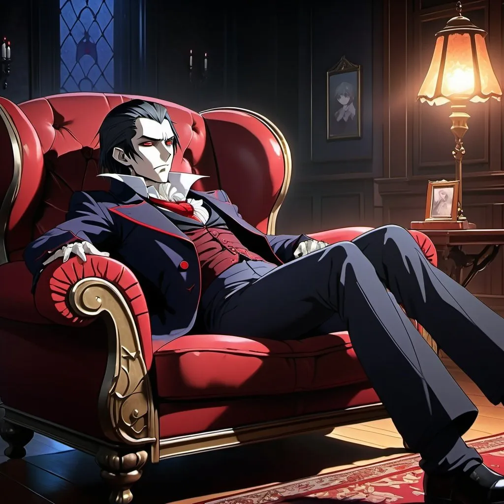 Prompt: Striking UHD artwork of an anime vampire reclining in a chair reminiscing their childhood but struggling to remember it because it was so long ago