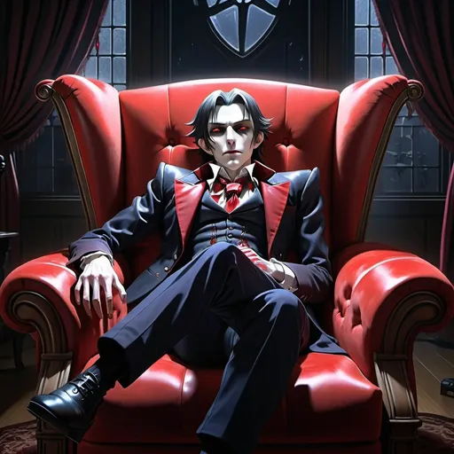 Prompt: Striking UHD artwork of an anime vampire reclining in a chair reminiscing their childhood but struggling to remember it because it was so long ago