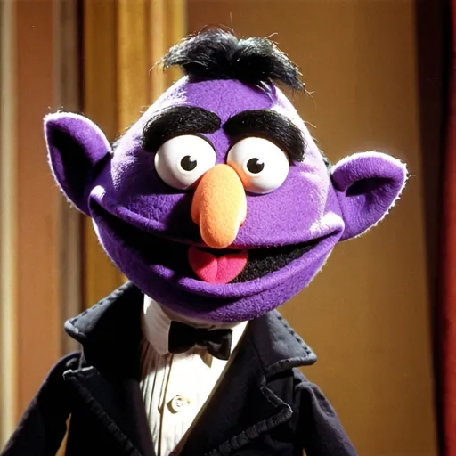 Prompt: The Count, a cute looking muppet from Sesame Street. He has 2 fangs, a wide face, purple skin and purple nose. Slit eyes, beard
