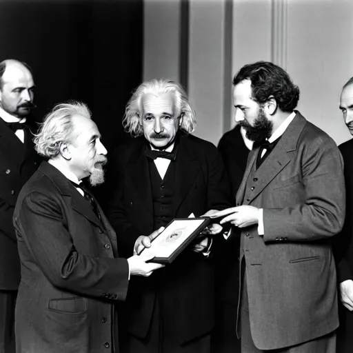 Prompt: einstein receiving his nobel peace prize from karl marx.