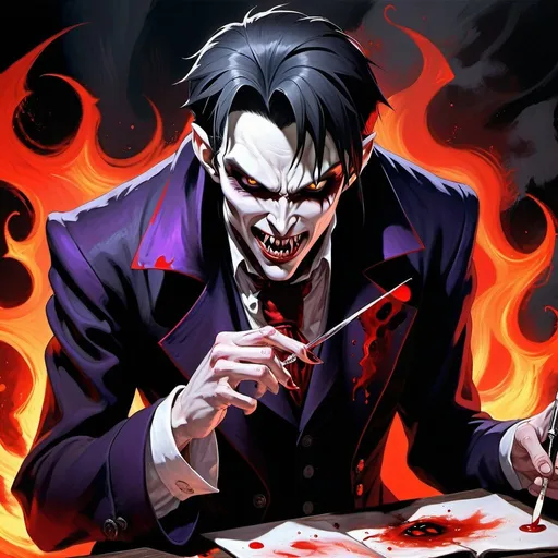 Prompt: Striking UHD splash art of an evil anime vampire painting an evil picture in his leisure time while cackling fiendishly