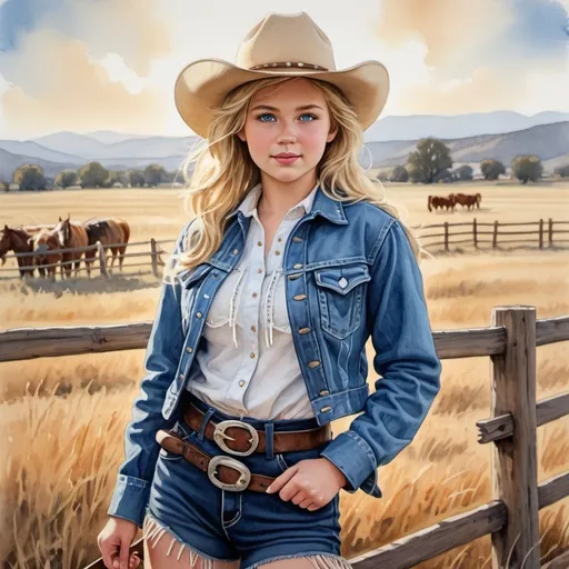 Prompt: Watercolour painting art of a Pretty blonde teenage rodeo girl, vibrant blue eyes, beautiful round face, wearing a (blue denim jacket with white fringe detail), (chambray shirt), (brown suede fringed skirt), (white cowboy boots), (cowboy hat), holding a lasso, warm light, high-res, curvy physique, detailed textures, crisp focus, warm and inviting atmosphere, golden hour lighting, ranch background with fencing and open fields. Circa 1900s