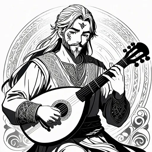 Prompt: Striking UHD linework of an anime bard wearing a plain tunic and his face is painted with viking face paint. He is playing a lute