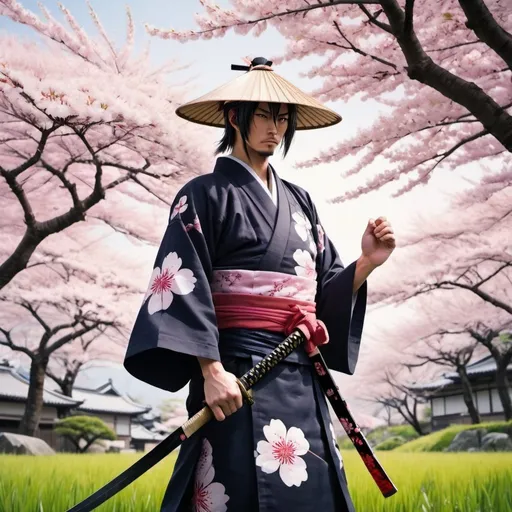 Prompt: Striking image of an anime samurai wearing a yukata with a rice paddy hat, and a mysterious aura, standing amidst cherry blossom trees. he is holding an unsheathed katana in his left hand, and his wakizashi in his right hand.