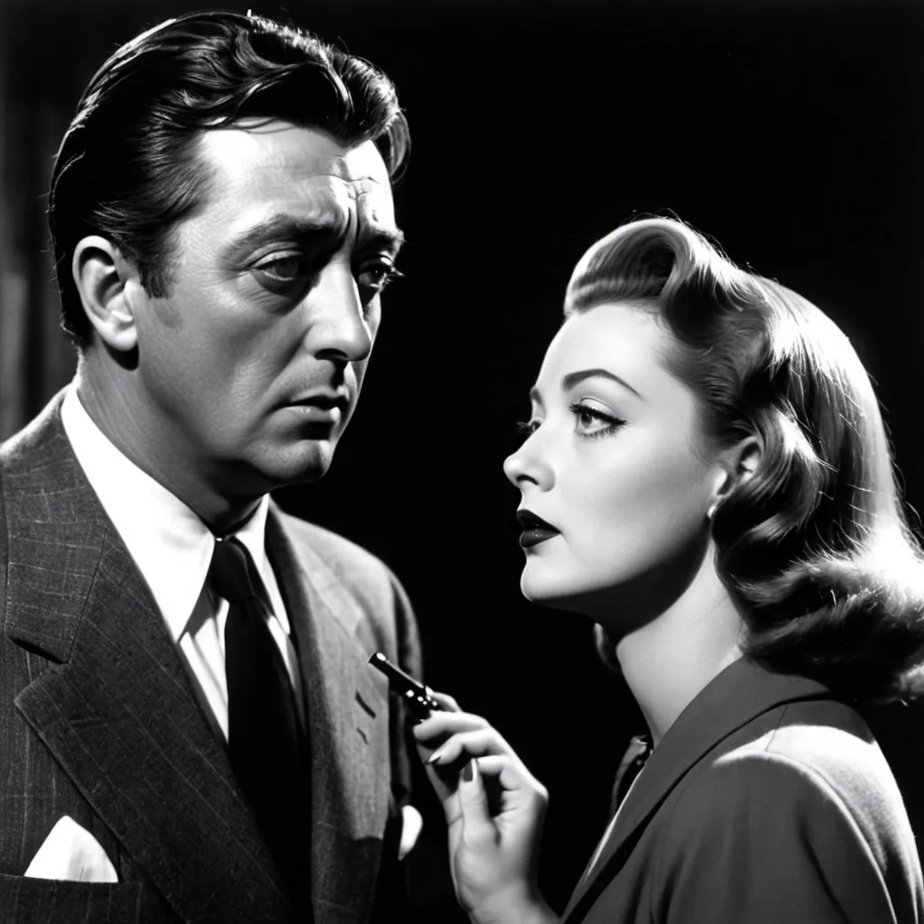 Prompt: a cynical private detective as the protagonist, a femme fatale, multiple flashbacks with voiceover narration, dramatically shadowed photography. Pictured are noir icons Robert Mitchum and Jane Greer.