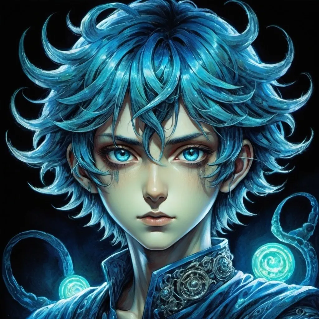 Prompt: Portrait of Shin Megami Tensei Demi Fiend. Detailed, stylized hair with highlights or unnatural colors. Otherworldly glowing eyes. A dark, smoky background with hints of neon lights or cryptic symbols. Blue and Cyan color scheme. Drawn by Josephine Wall, Kazuma Kaneko and Shigenori Soejima.