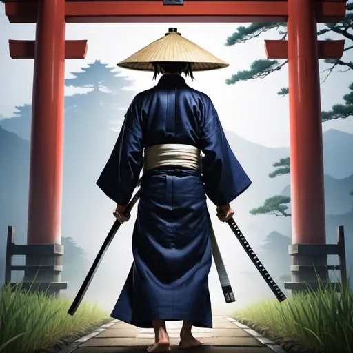 Prompt: Striking image of an anime samurai wearing a plain dark blue yukata with a rice paddy hat, and a mysterious aura, walking under a torii at japanese temple. He is holding an unsheathed katana in his left hand, and his wakizashi in his right hand.