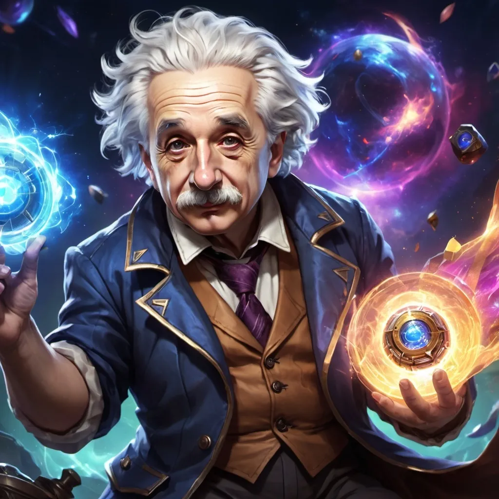 Prompt: Banner art of Einstein as a playable artificer character in league of legends. UHD, full colours, powerful, masterpiece