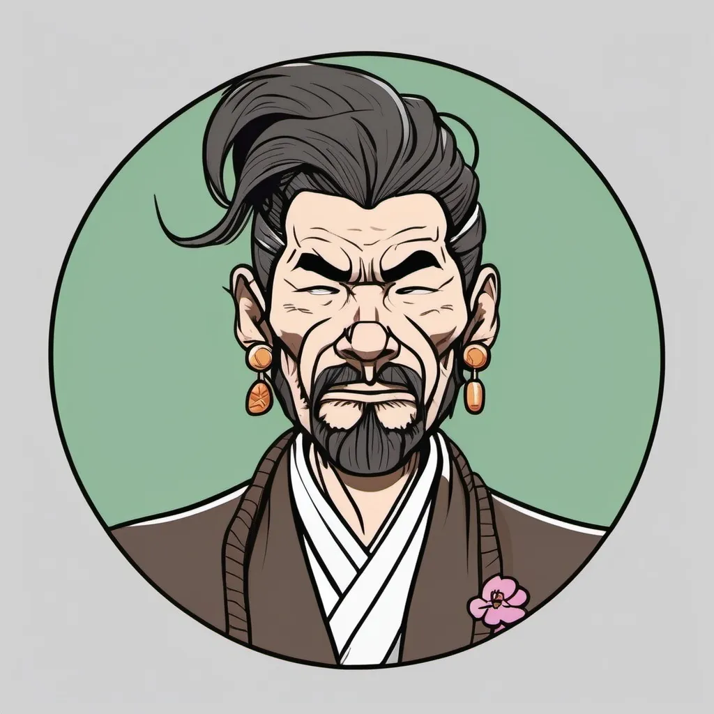 Prompt: hand-drawn character caricature of a gruff looking yakuza wearing a headband. circular display picture. cartoonish, flat color art, simple, minimalist