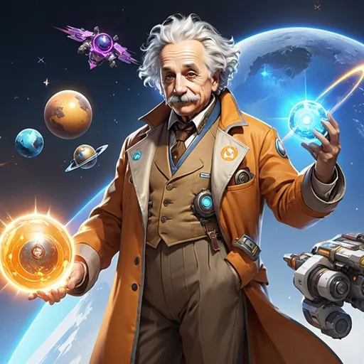 Prompt: Full-body banner art of Einstein as a playable artificer character in overwatch. He has full mastery over gravity, planets and stars. Confidence exudes from his face and posture. UHD, full colours, powerful, masterpiece. Photons emanate from his palm as he wields highly technological devices