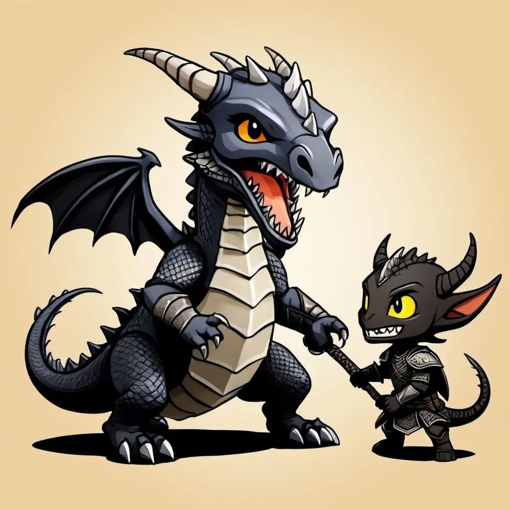 Prompt: Skyrim art of cute chibi dragonborn fighting cute alduin the dragon. Everything looks cartoonish and child-friendly