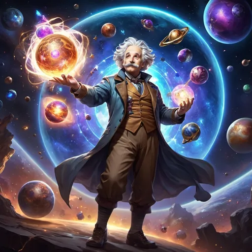 Prompt: Full-body banner art of Einstein as a playable artificer character in league of legends. He has full mastery over gravity, planets and stars. UHD, full colours, powerful, masterpiece