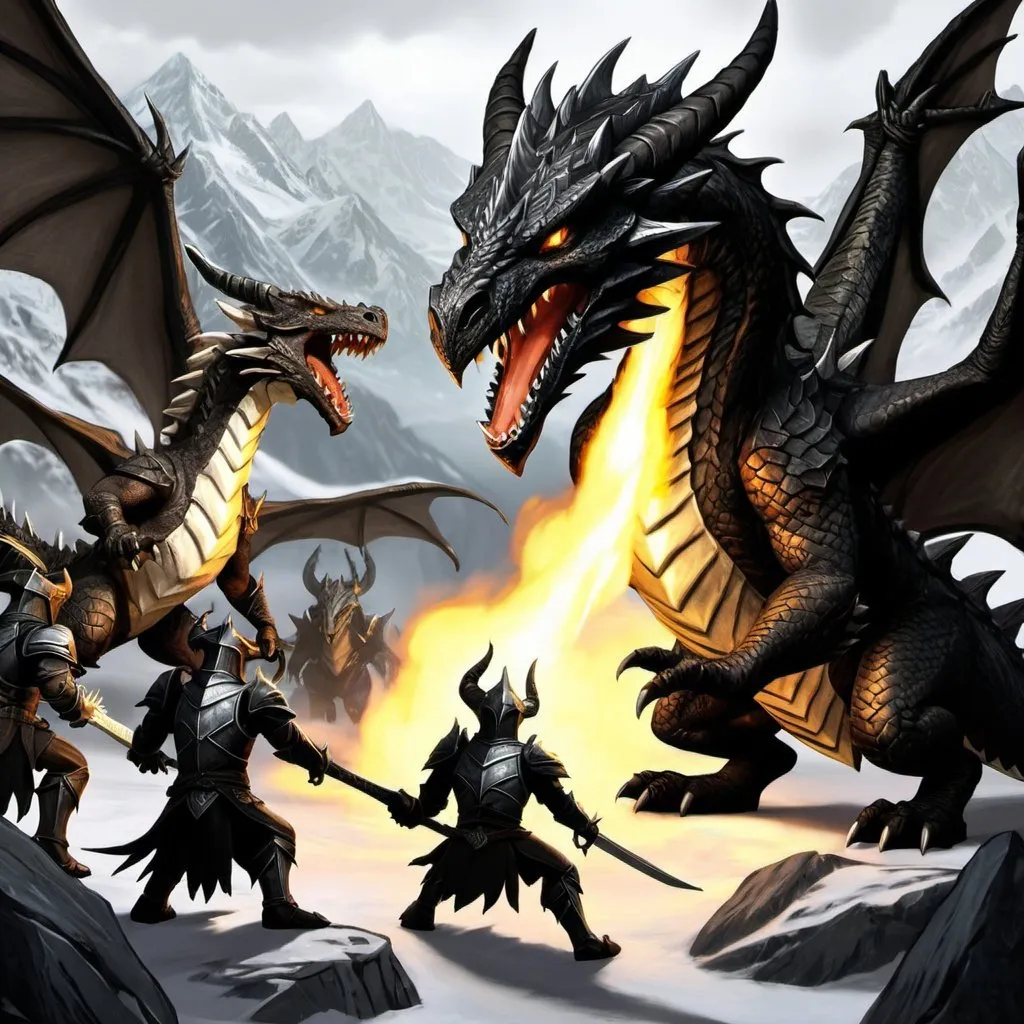 Prompt: Skyrim art of dragonborn fighting alduin the world-ender dragon. But everyone looks cute and cartoonish