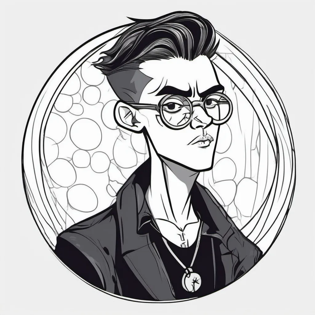 Prompt: hand-drawn goth boy character caricature. circular display picture. cartoonish, flat color art, simple