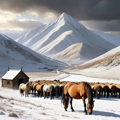 Prompt: Edoras, crown of the Rohirrim, is a city of stone and shadow, a sentinel perched upon a verdant hill that rises from the heart of the plains. Its walls, wrought of grey stone, are etched with the passage of time, their surfaces bearing the scars of countless winters. Yet, even in the grip of winter’s icy hand, the city holds a defiant beauty.

From its heights, the eye commands a vast expanse of green, a rolling sea of grass that stretches to the distant horizon where the sky meets the earth. To the west, the White Mountains stand as a majestic barrier, their peaks crowned with eternal snow that glistens like silver in the sunlight.

Within the city, life pulses with a rhythm born of the open plains. The air is sharp and clean, carrying the scent of horses and leather, the tang of wood smoke, and the earthy fragrance of turned soil. The people, hardy and strong, are like the land itself, their spirits as enduring as the mountains. Their homes are built of wood and stone, simple yet sturdy, reflecting the practical nature of their lives.

At the heart of Edoras stands the Golden Hall, a beacon of hope and defiance. Its walls are adorned with tales of heroes and battles, a testament to the spirit of the Rohirrim. Here, in this place of gathering, the heartbeat of the kingdom resonates, a constant reminder of the strength and courage that defines this people.