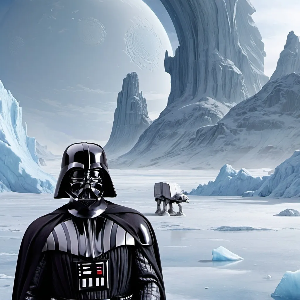 Prompt: Darth Vader on Hoth (an ice planet) from star wars