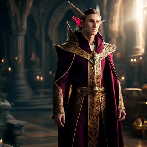 Prompt: Hyperrealistic Full body shot of a male Lawful Good Elf Wizard. Professional, perfect composition, unreal engine 8k octane, 3d lighting, UHD, HDR, 8K, render, HD, trending on artstation. Masterpiece, high-quality. Comfortable flowing robes, spellcaster, nimble and agile, elvish gothic. Dark brown hair, beautiful earl grey eyes, pointed ears. Wearing long, flowing royal robes made of silk-like materials with high-necked collars. 